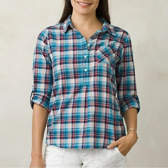 PrAna Gina Button Front Blue Plaid Top Size Medium - Picture 1 of 9
